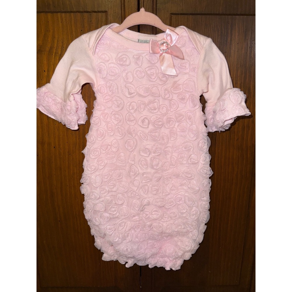 Haute Baby Pink 3D Rosette Lace Gown Rhinestone Bow Sleeper 0-3 Months